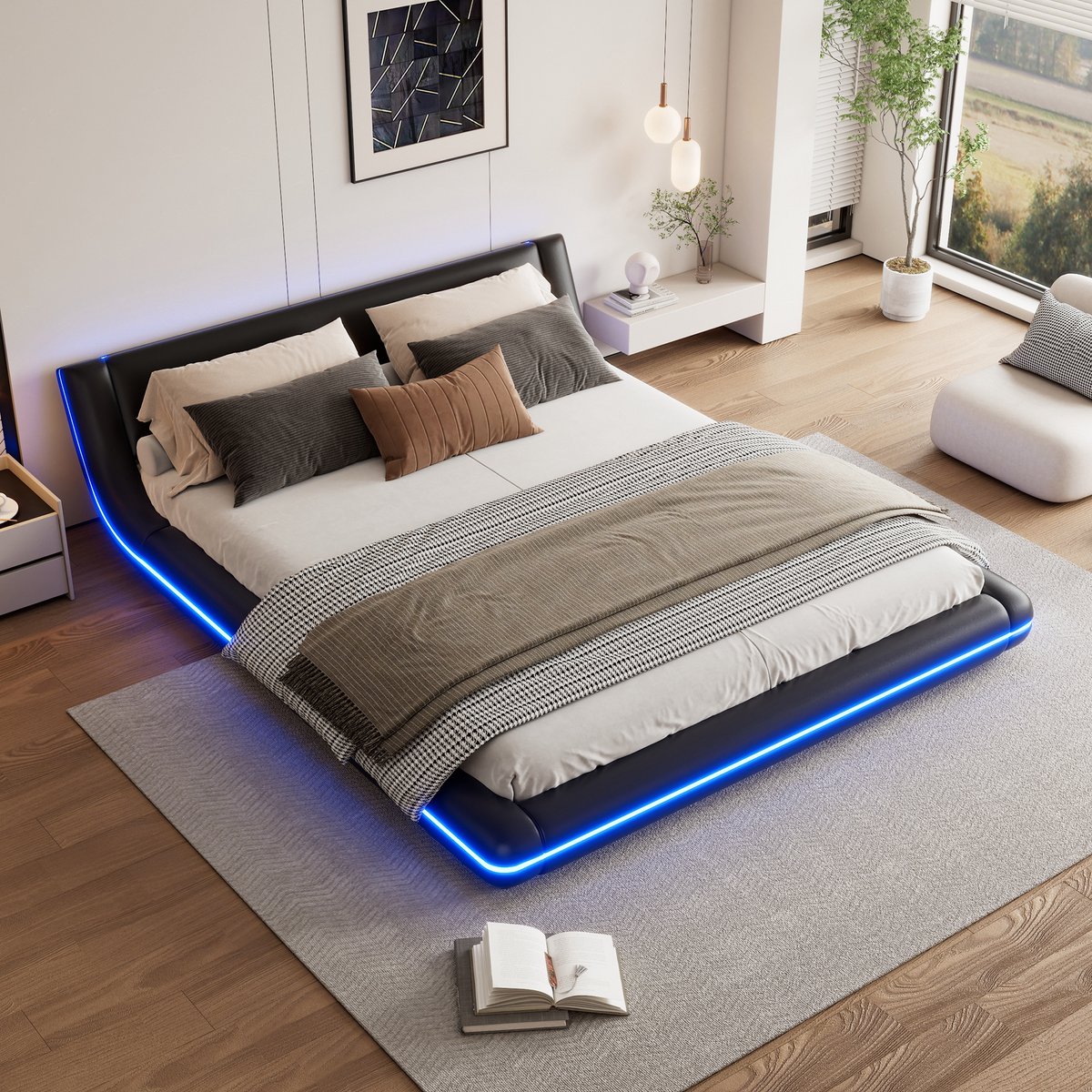 FloraGrace Vloerbed 160x200 cm - Met Verstelbare Led Sfeerverlichting - Zonder Opbergruimte - Tweepersoons - PU - Zwart - Zonder Matras