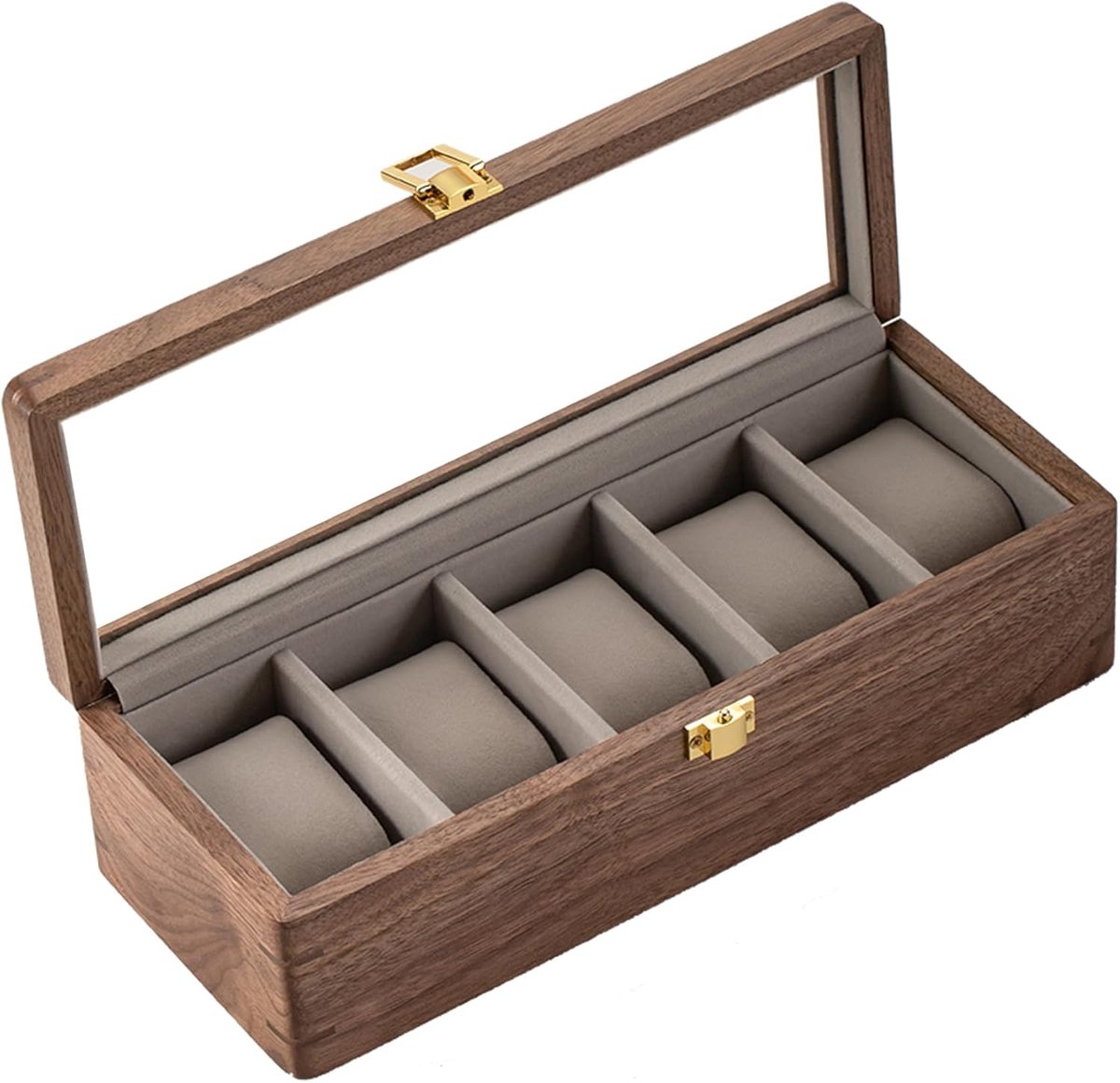 Horloge Display Box voor Mannen - 5 Sleuven Organizer met Glazen Deksel en Verwijderbare Fluwelen Kussen - Perfecte Vaderdag Cadeau