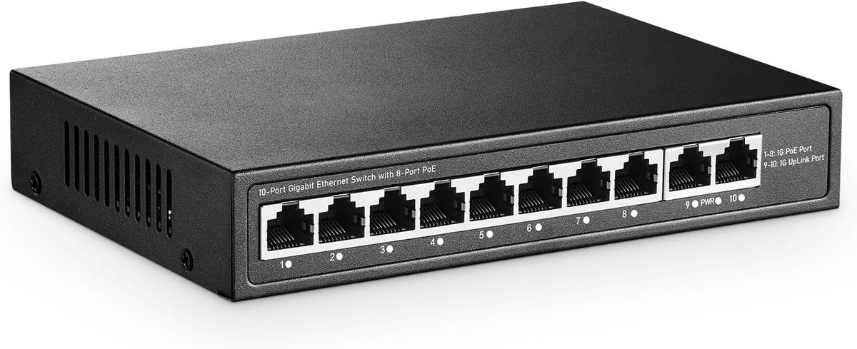 10-poorts Mini Gigabit PoE Switch met 8 PoE+ poorten en 2 RJ45 Uplinks
