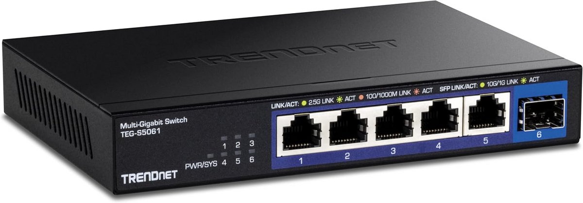 6-poorts onbeheerde 2.5G-switch met 10G SFP+-poort – Ventilatorloos, Wandmontage, Zwart