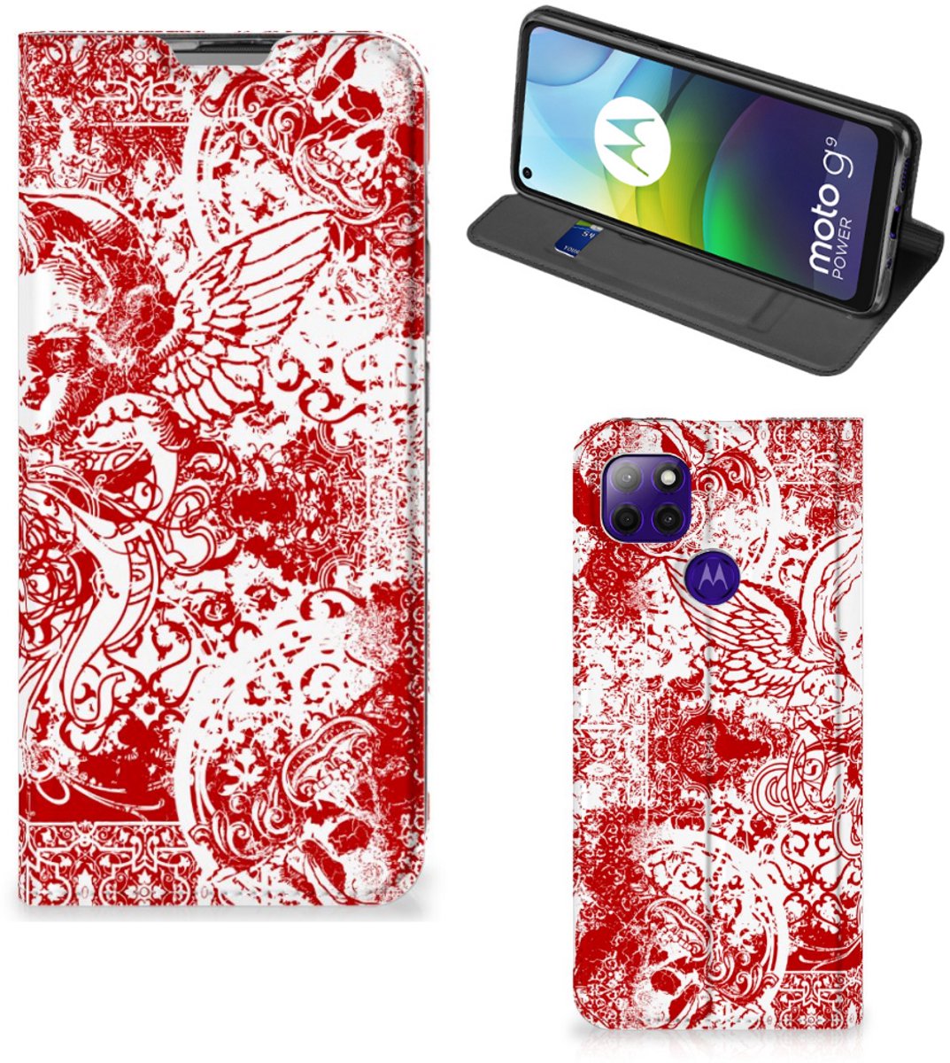 Mobiel BookCase Motorola Moto G9 Power Angel Skull Rood