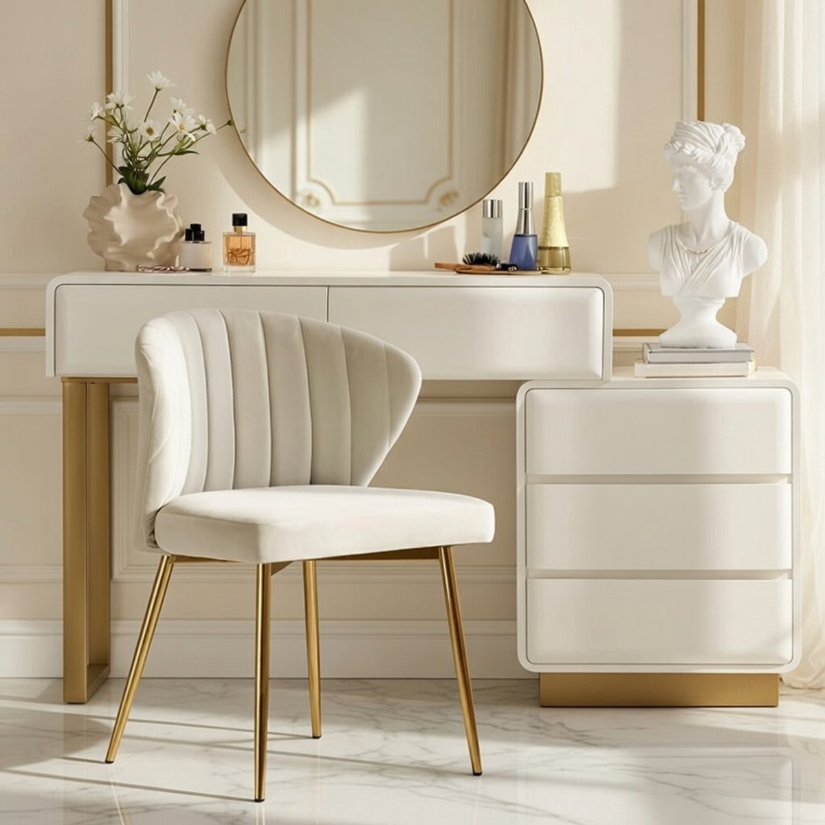 Fluwelen Eetkamerstoel Beige met Gouden Poten – Luxe & Comfort voor Elk Interieur NoviHome