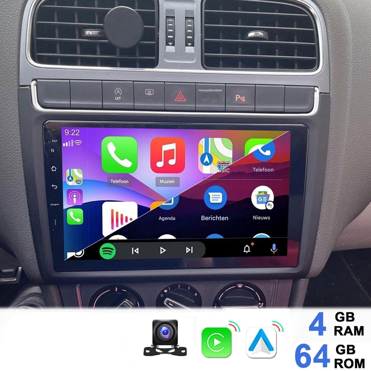 ESSGOO Autoradio met Draadloos Carplay en Android Auto - Geschikt voor Vw Polo 6R 6C 2009-2017 - radio met navigatie - Android 15 - 4+64GB - 2009 2010 2011 2012 2013 2014 2015 2016 2017 - Bluetooth & Wifi USB & FM RDS & 2 DIN & Achteruitrijcamera