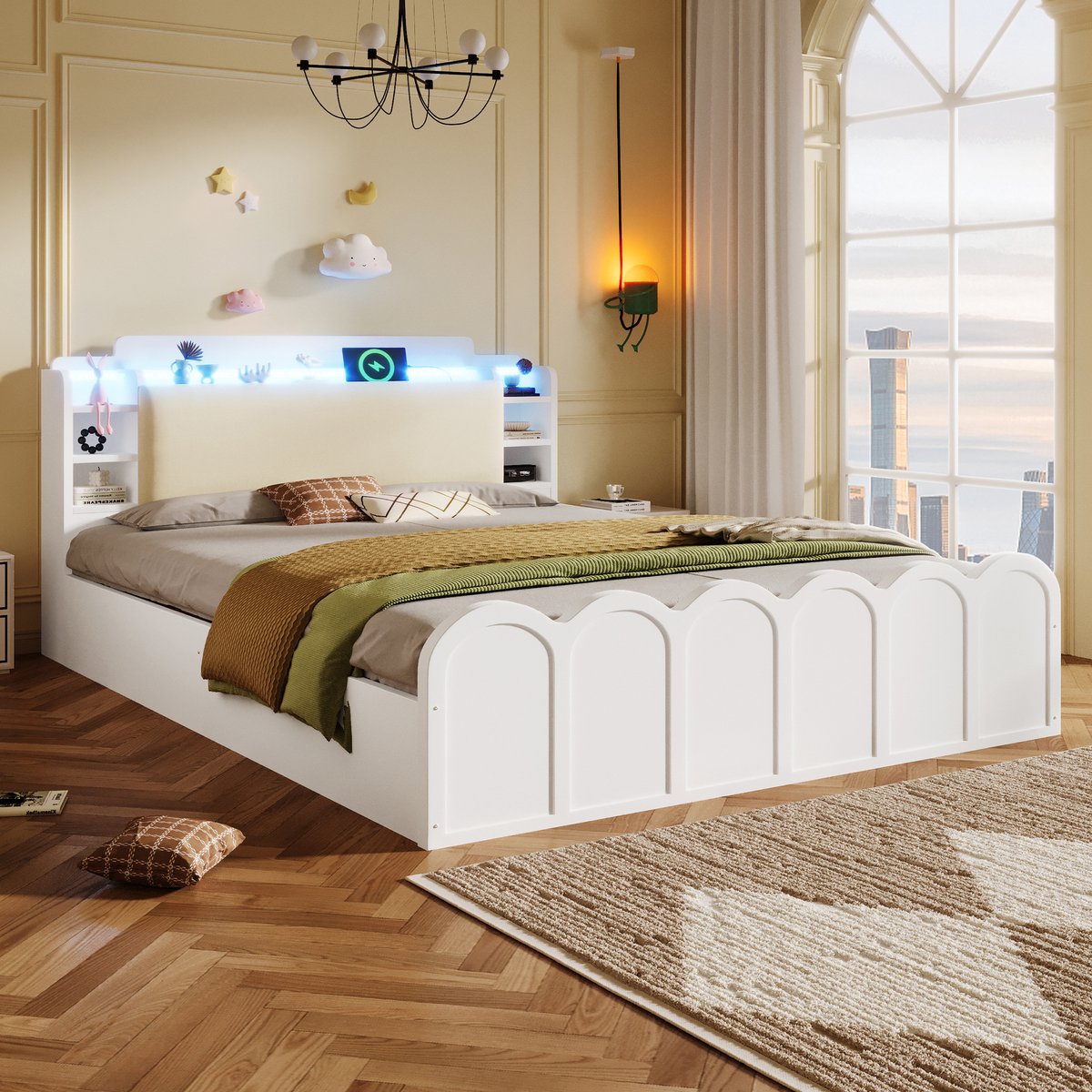 Wishdor Paneelbed - 140 x 200 cm - Hydraulische Opbergruimte - Usb en Type-C - Led-Lichtstrip met App - Wit - Gewatteerd Hoofdbord met Wolkenmotief - Stabiel tot 150 kg - Smart Design voor Slaapkamer