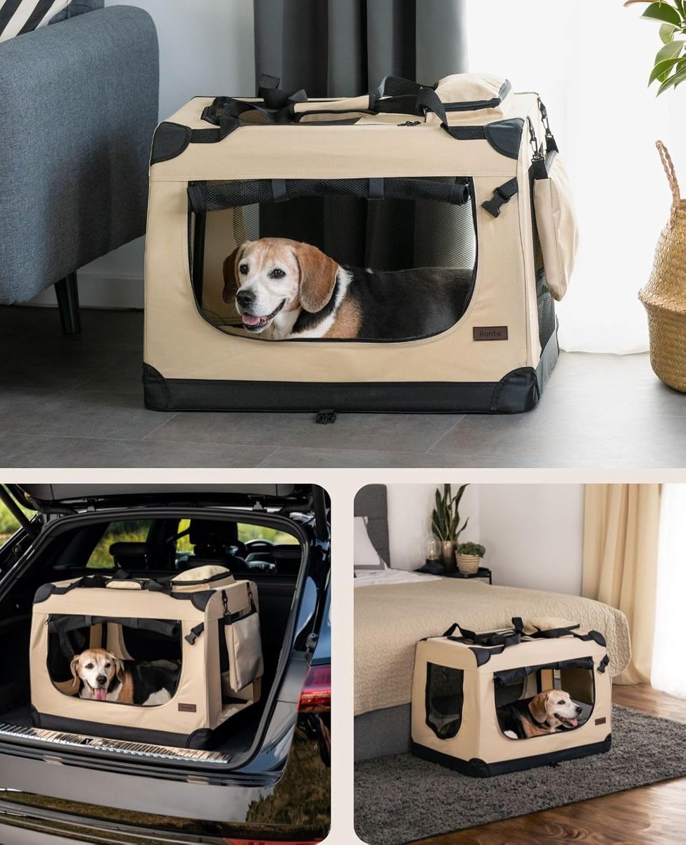 lionto Opvouwbare Hondentransportbox voor Reizen & Auto, 70x52x50 cm, Stevige Draagbox met Handvaten & Deken, tot 15 kg, Duurzame Stoffen Hondenbox, Klein & Groot, Beige thumbnail 3