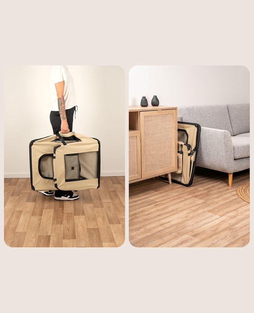 lionto Opvouwbare Hondentransportbox voor Reizen & Auto, 70x52x50 cm, Stevige Draagbox met Handvaten & Deken, tot 15 kg, Duurzame Stoffen Hondenbox, Klein & Groot, Beige thumbnail 4