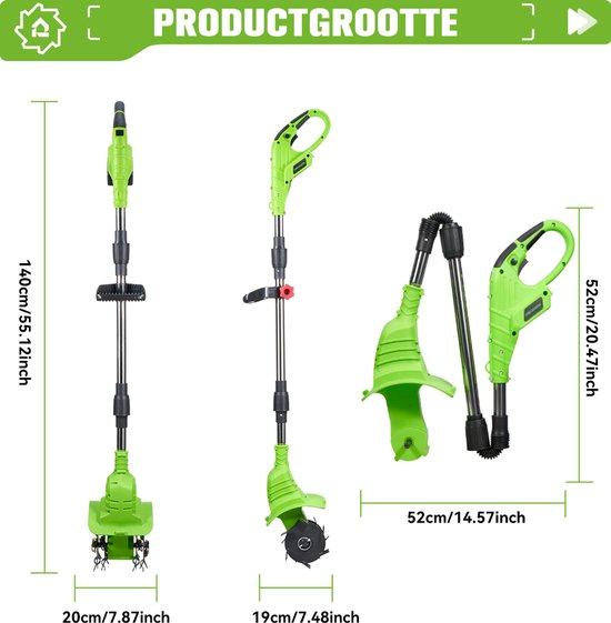 ONEGREEN Accu Grondfrees - 1200 tpm - Elektrisch Tuinfrees - met 2x Accu's - 20 cm werkdiepte - 19 cm werkbreedte - voor het losmaken en beluchten van OneGreen — afbeelding 4