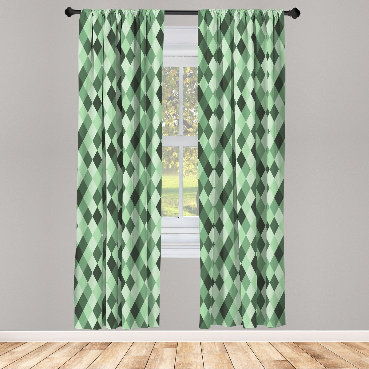 ABAKUHAUS geometrische ruitvormige gordijnen, voor woonkamer en slaapkamer, 2 stuks 75 cm breed x 225 cm hoog, lichtgroen donkergroen