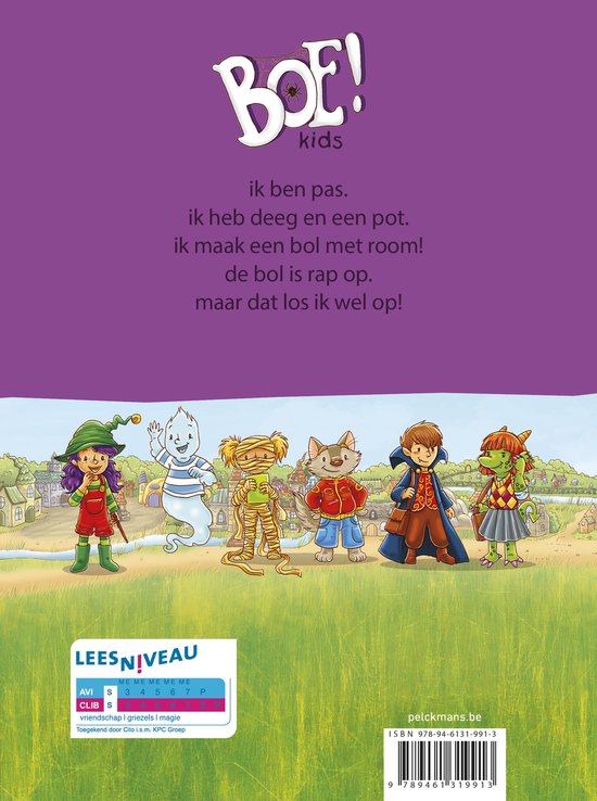 De achterkant van een kinderboek met illustraties van een heks, geest, mummie, kat, jongen en monster.