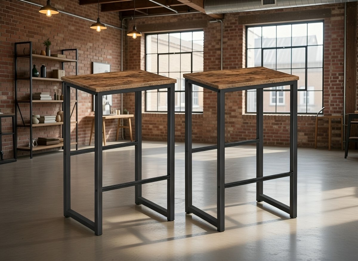 Industriële Houten Barkrukken Set van 2 – Ronde Ontbijt- en Keukenbarstoelen met Voetensteun – Stevig Metaal Frame – Casa Serena – Afmetingen op aanvraag – Casa Dorada