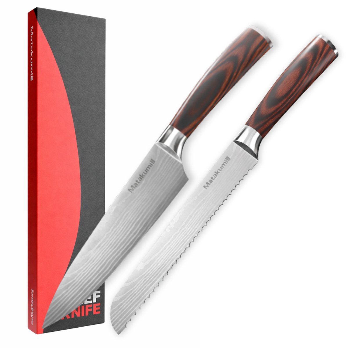 Matakumi 2-Delige Messenset Japanse Damascus Stijl - Messenset Damascus Print - Japanse Keukenmessen - Perfect Voor Hobbykoks en de Professionele Keuken