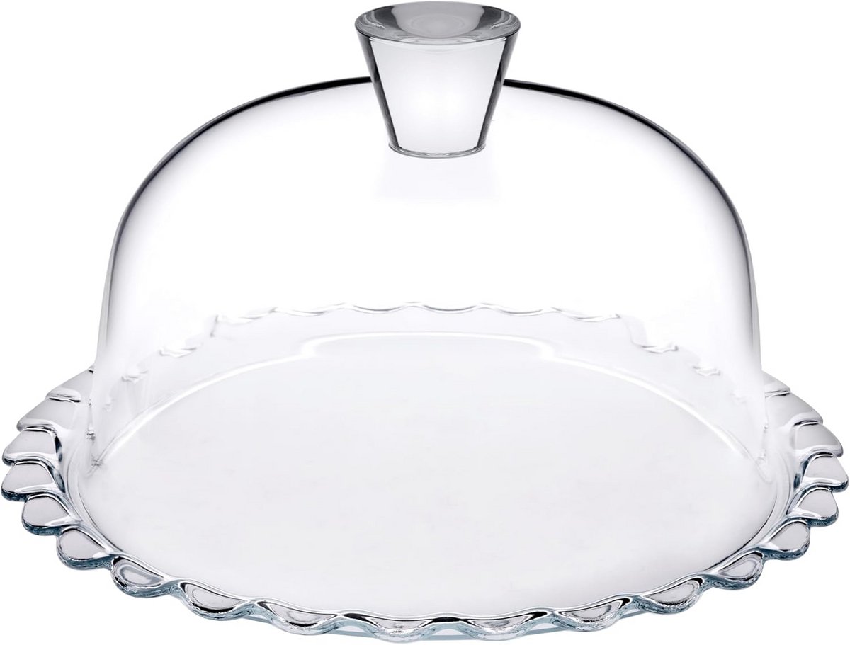 Taartstandaard van transparant glas met glazen bel