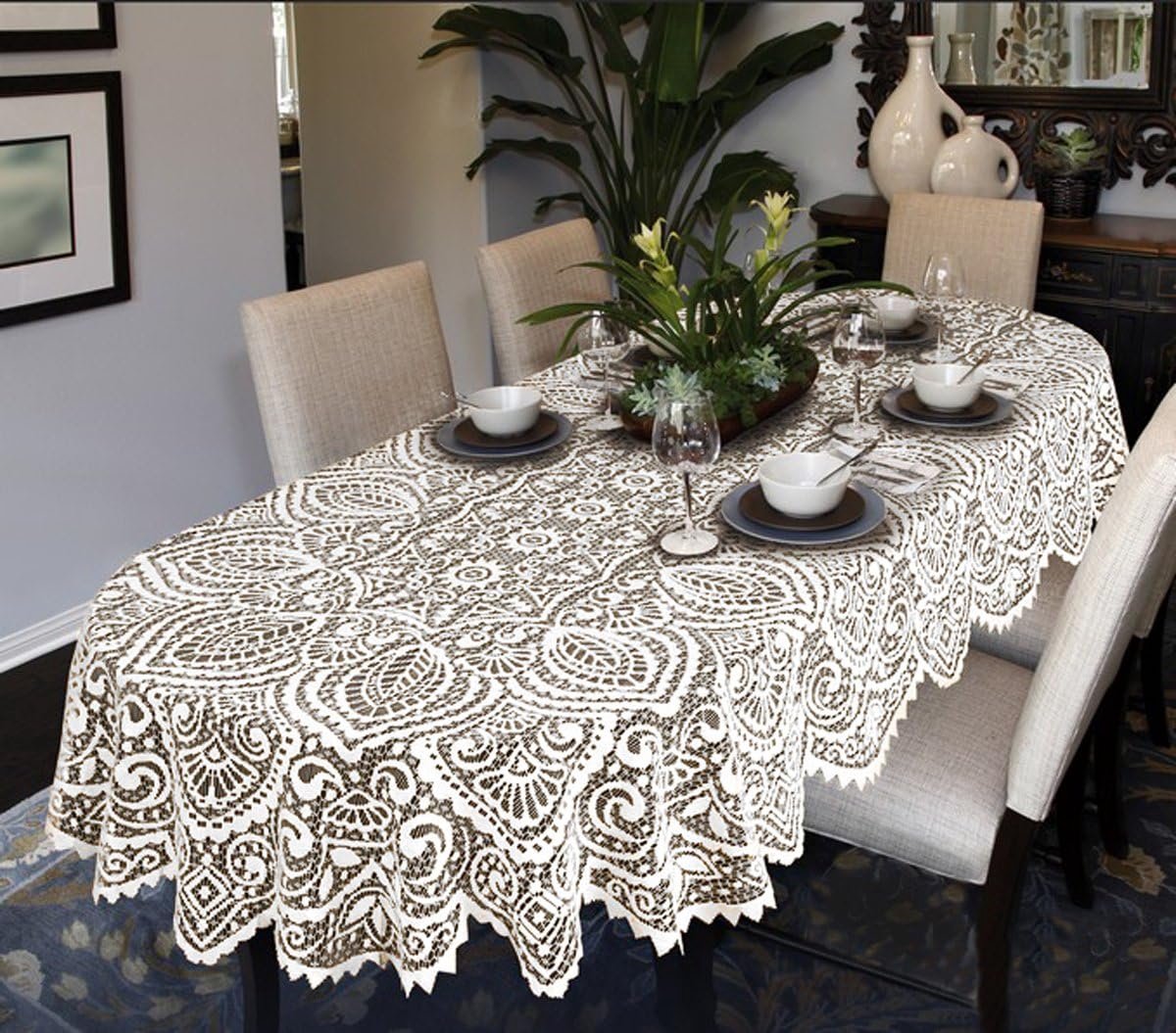 Lace Large Tablecloth Oval or Round White or Beige - Premium Quality