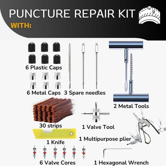 Bandenreparatieset voor Auto - Complete Reparatieset met Afdichtmiddel, T-Greepgereedschap, Cutter en Ventielen - Snelle Reparatie in 15 Minuten van Merkloos — afbeelding 3
