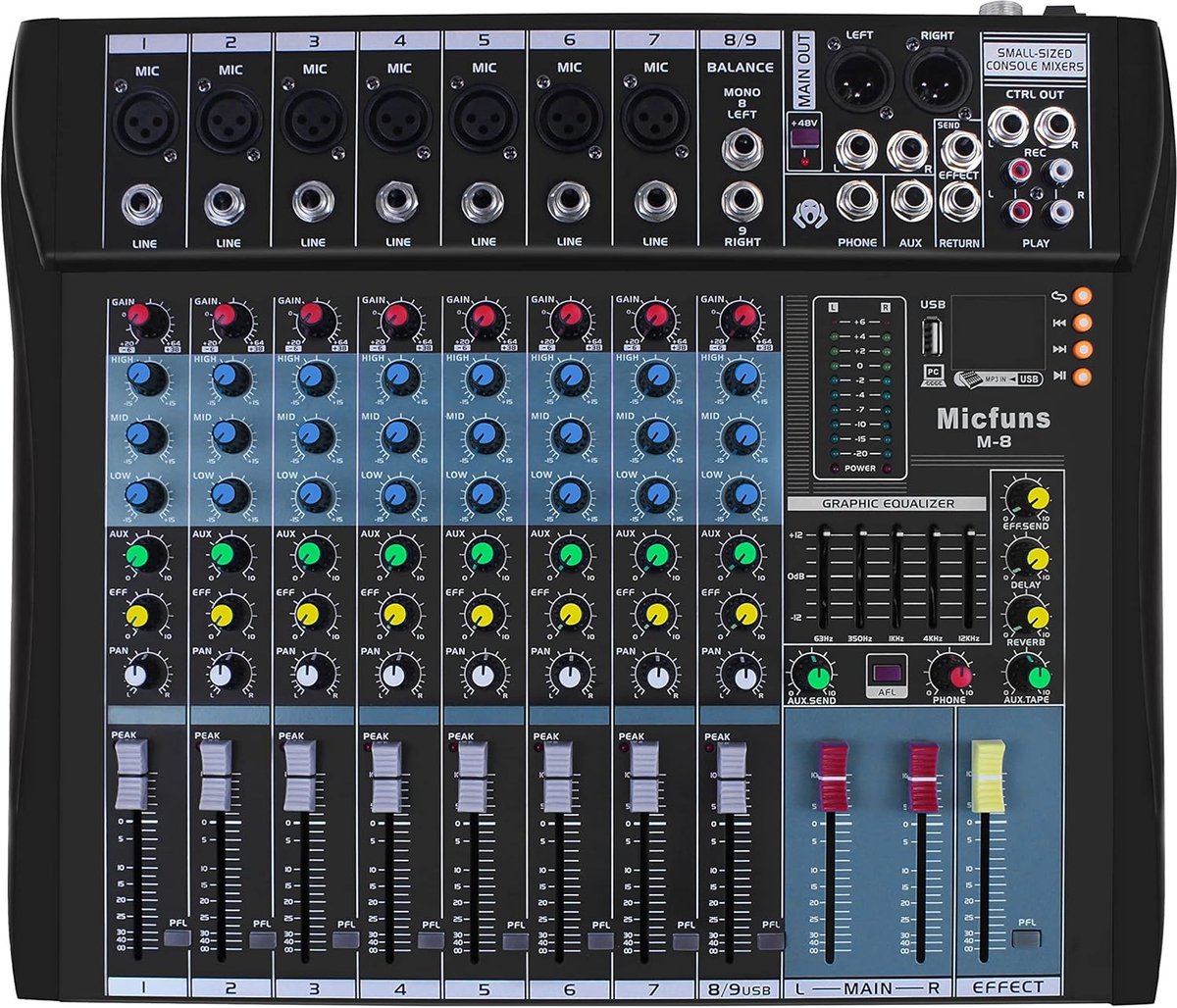 Professioneel Live Mengpaneel met 8 Kanalen en Bluetooth - Digitale Audio Mixer met USB en Opnamecapaciteit