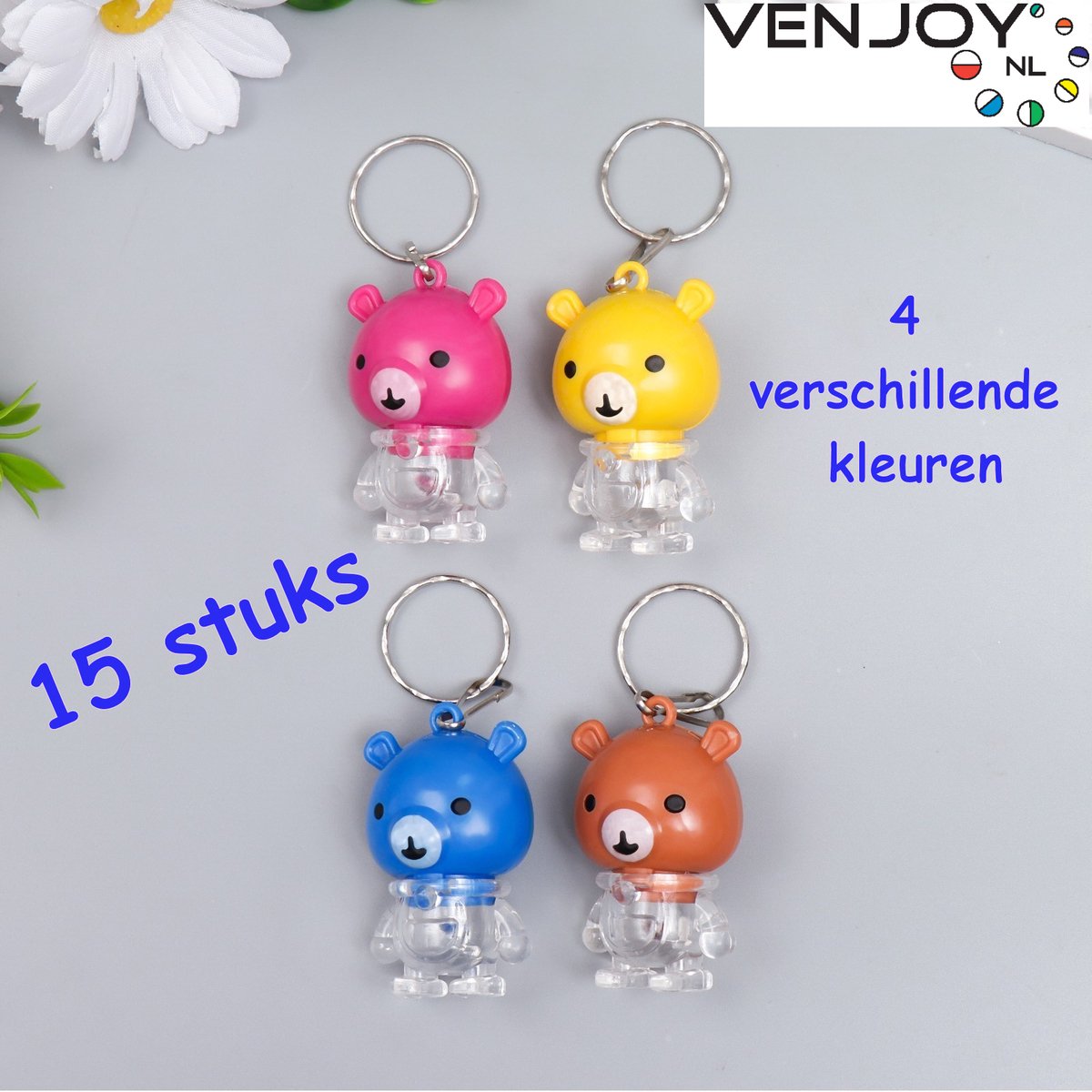 15 stuks BEAR / BEER - Keychain / Sleutelhanger met licht - knipperend lampje - VENJOY - uitdeelcadeautje traktatie speelgoed kinderen