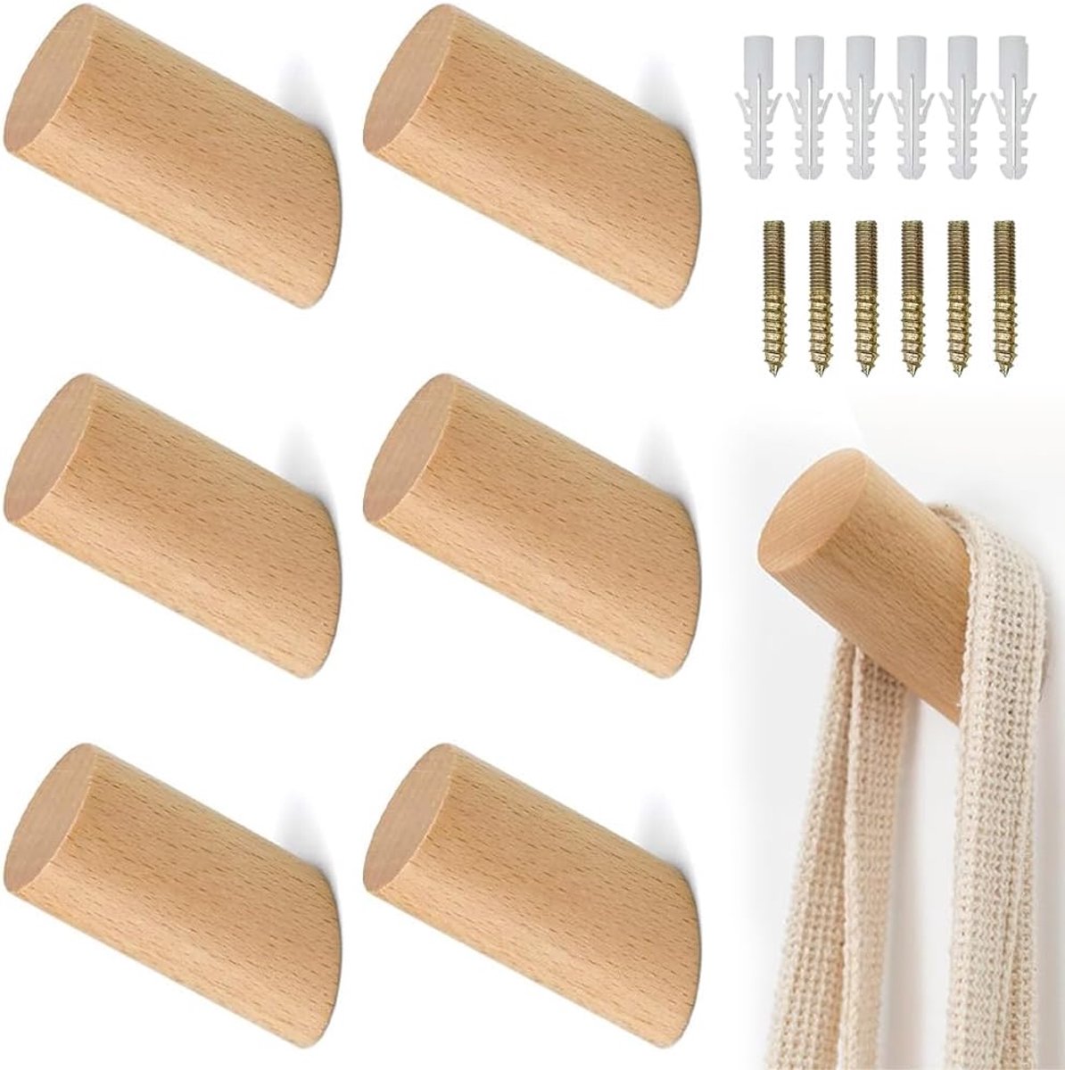 Houten kapstokhaken set van 6 - wandgemonteerd, natuurlijk hout, 8 cm