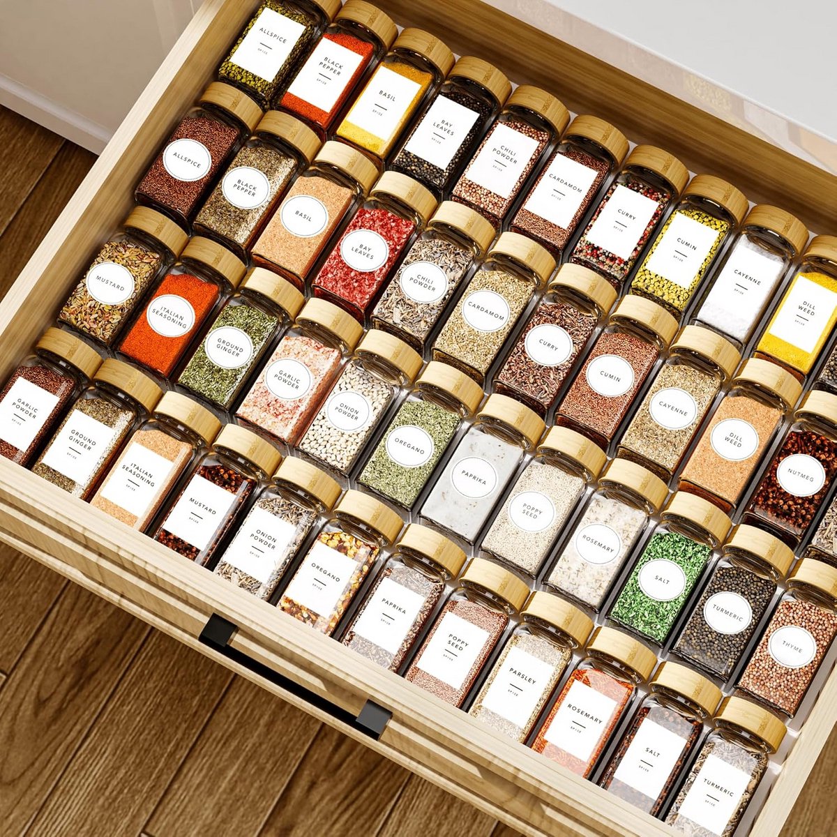 Set van 24 vierkante kruidenpotjes met deksel - 120 ml met 340 etiketten en accessoires