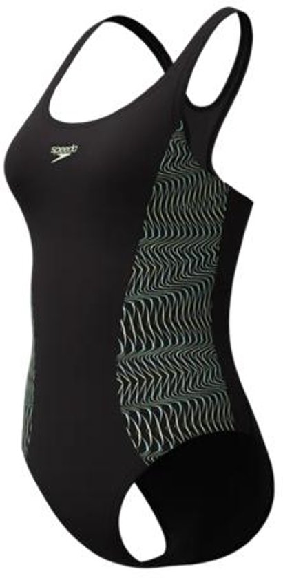 Zwart Speedo badpak met golvend groen patroon op de zijkant.