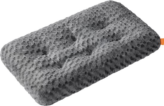 Donkergrijs, pluche hondenbed met geborduurde bloemmotieven.