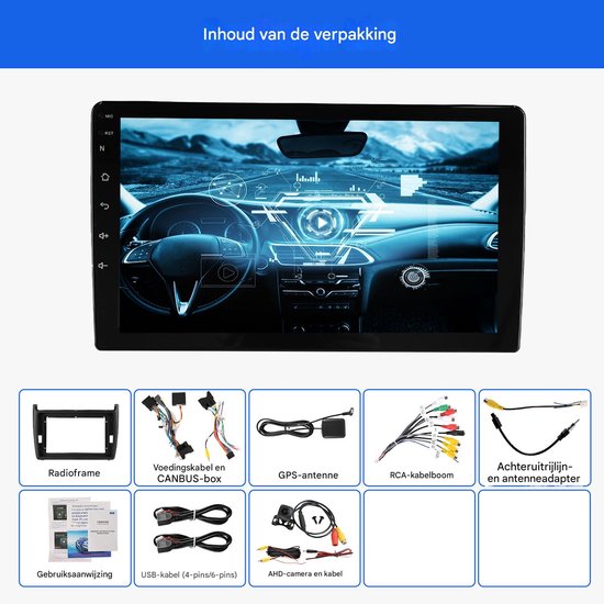 Inhoud van de verpakking: Radioframe, voedingskabel, GPS-antenne, RCA-kabelboom, achteruitrijcamera- en antenneadapter, USB-kabel, AHD-camera en kabel, gebruiksaanwijzing.