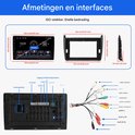 Afmetingen en interfaces ESSGOO autoradio: 9-inch display, achterzijde met aansluitingen, inclusief ISO-stekker en kabelboom.