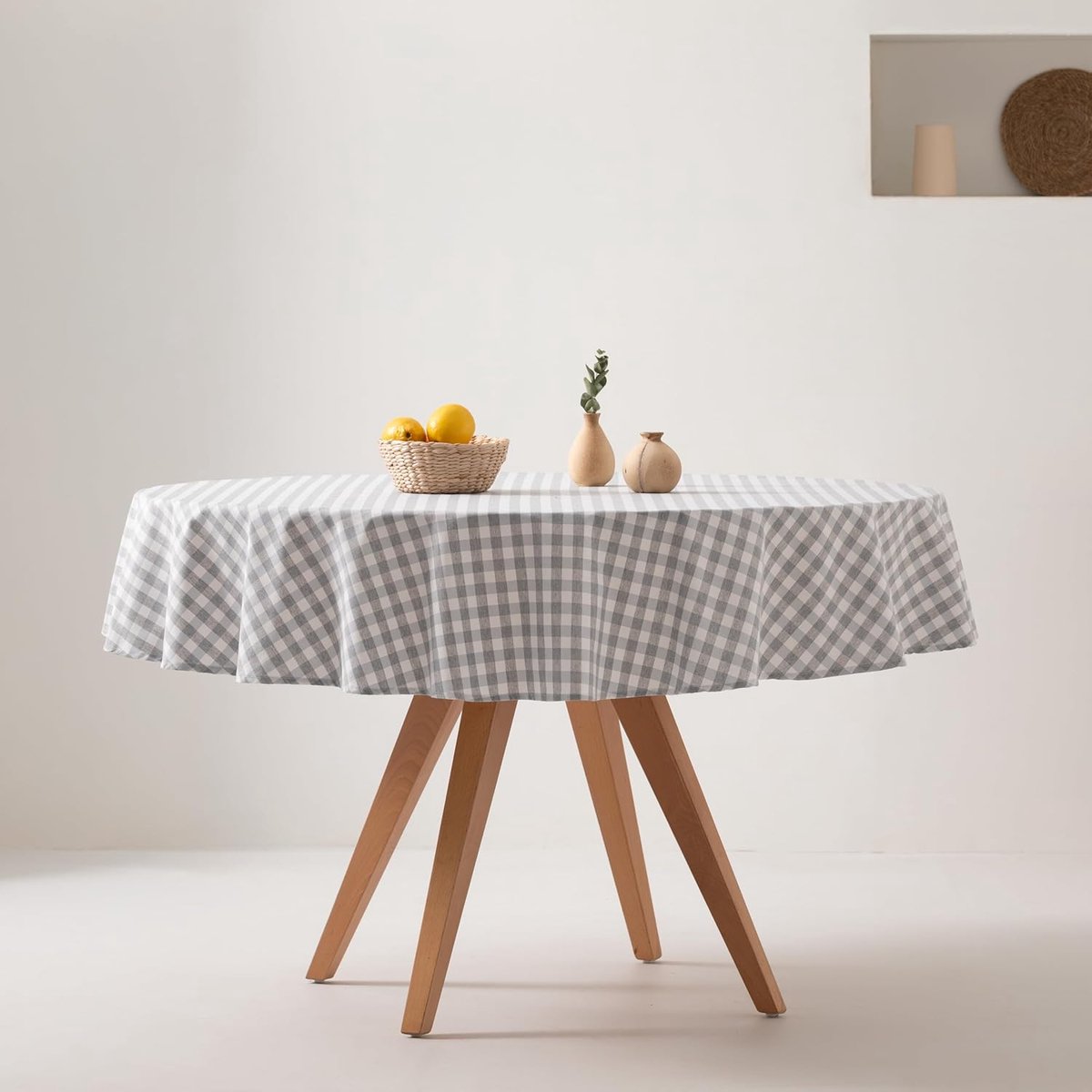 Vlekafstotend rond tafelkleed met Vichy-ruitpatroon - 160 x 160 cm - Lichtgrijs