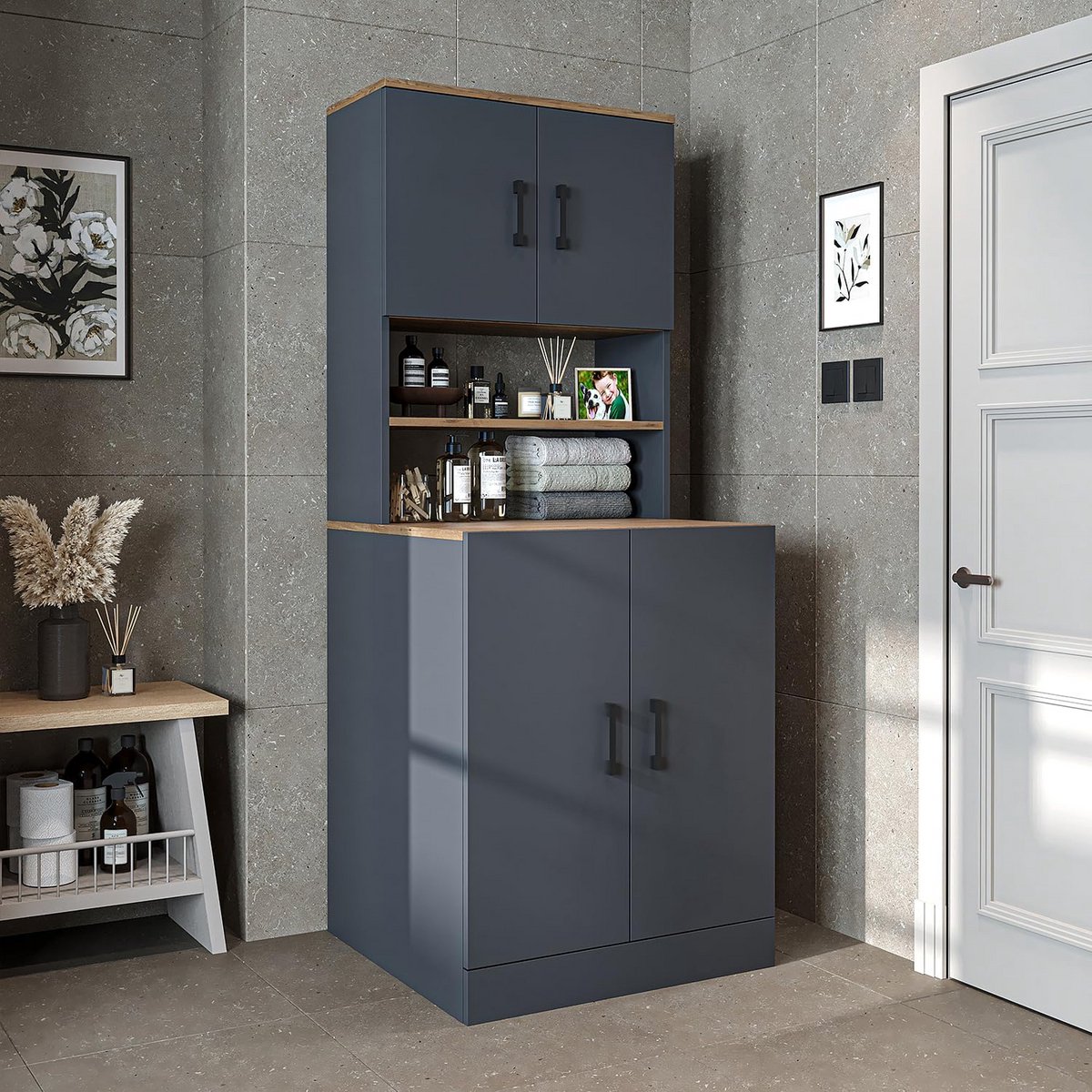 Wasmachinekast met Bovenkast - 70 x 180 x 69 cm - Antraciet Eiken