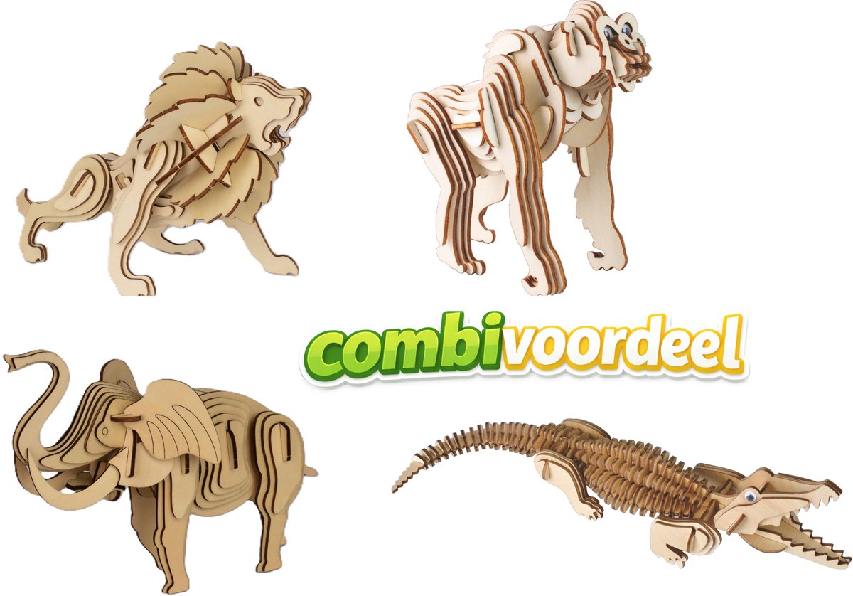 Combivoordeel bouwpakketten 3D puzzels wilde dieren van hout