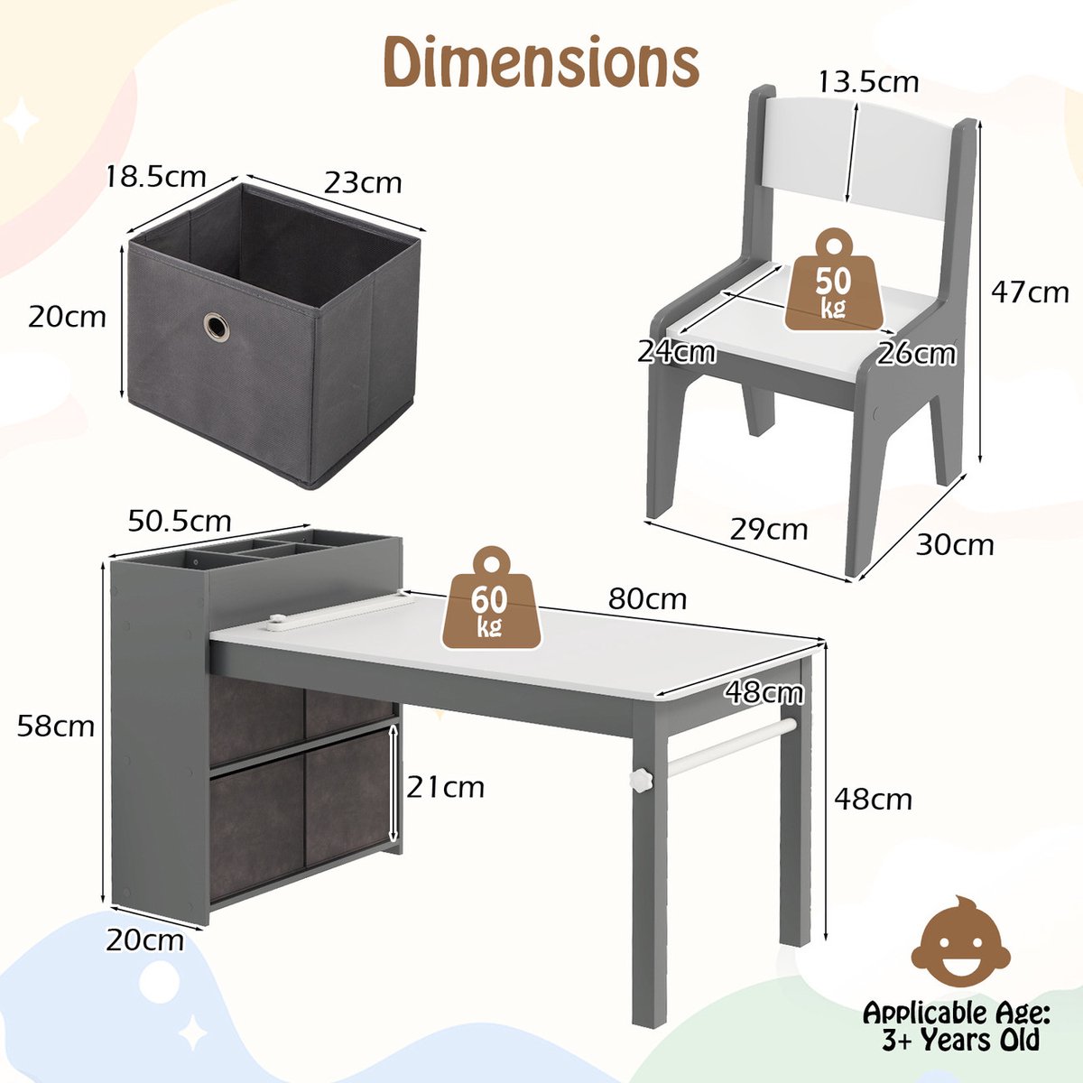 Kinder Tafel en Stoelen Set – Grijs/Wit – Teken- & Activiteitstafel – Papierrolhouder – Opbergvakken – Geschikt vanaf 3 jaar
