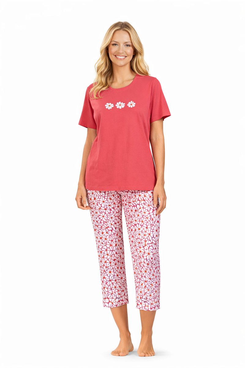Comtessa Dames Pyjama - Katoen - Zomer - 7/8 broek - Red Pink Rood, roze