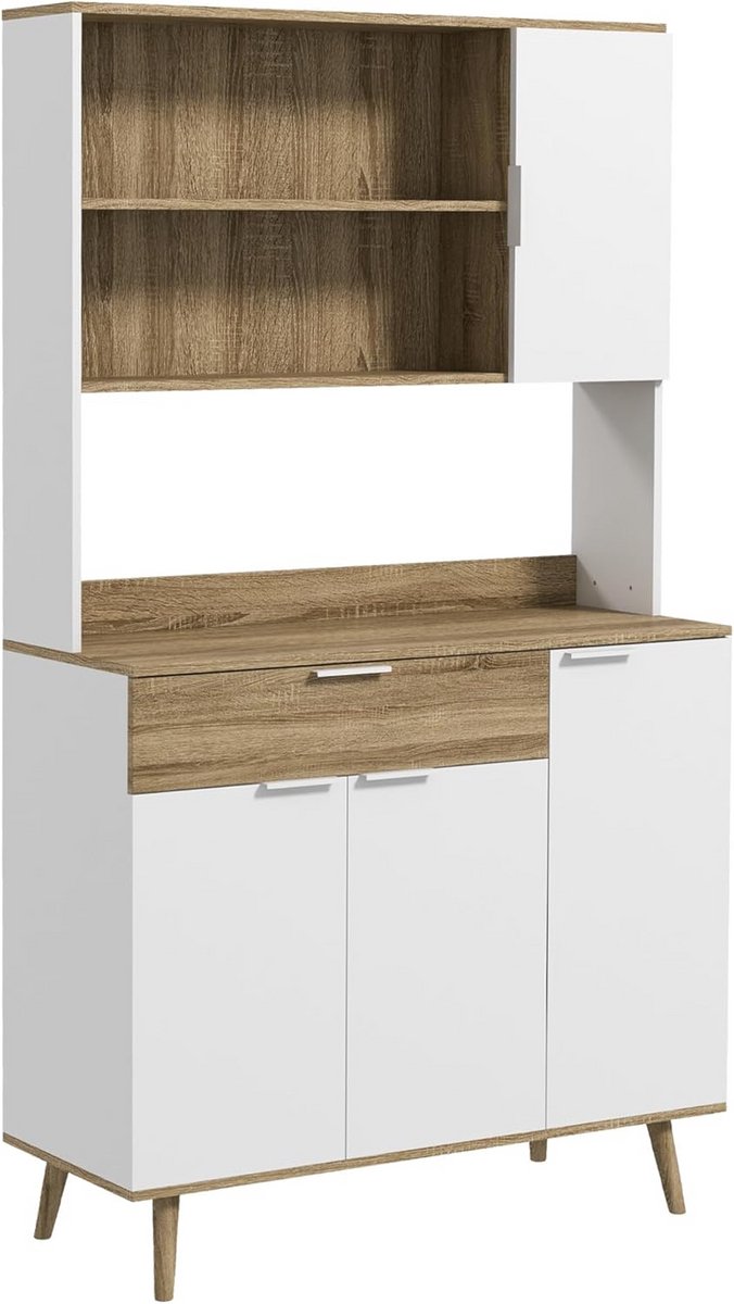 Keukenkast met Verstelbare Planken en Ladekast - Scandinavisch Design - 98 x 39 x 180 cm - Wit en Natuurlijk