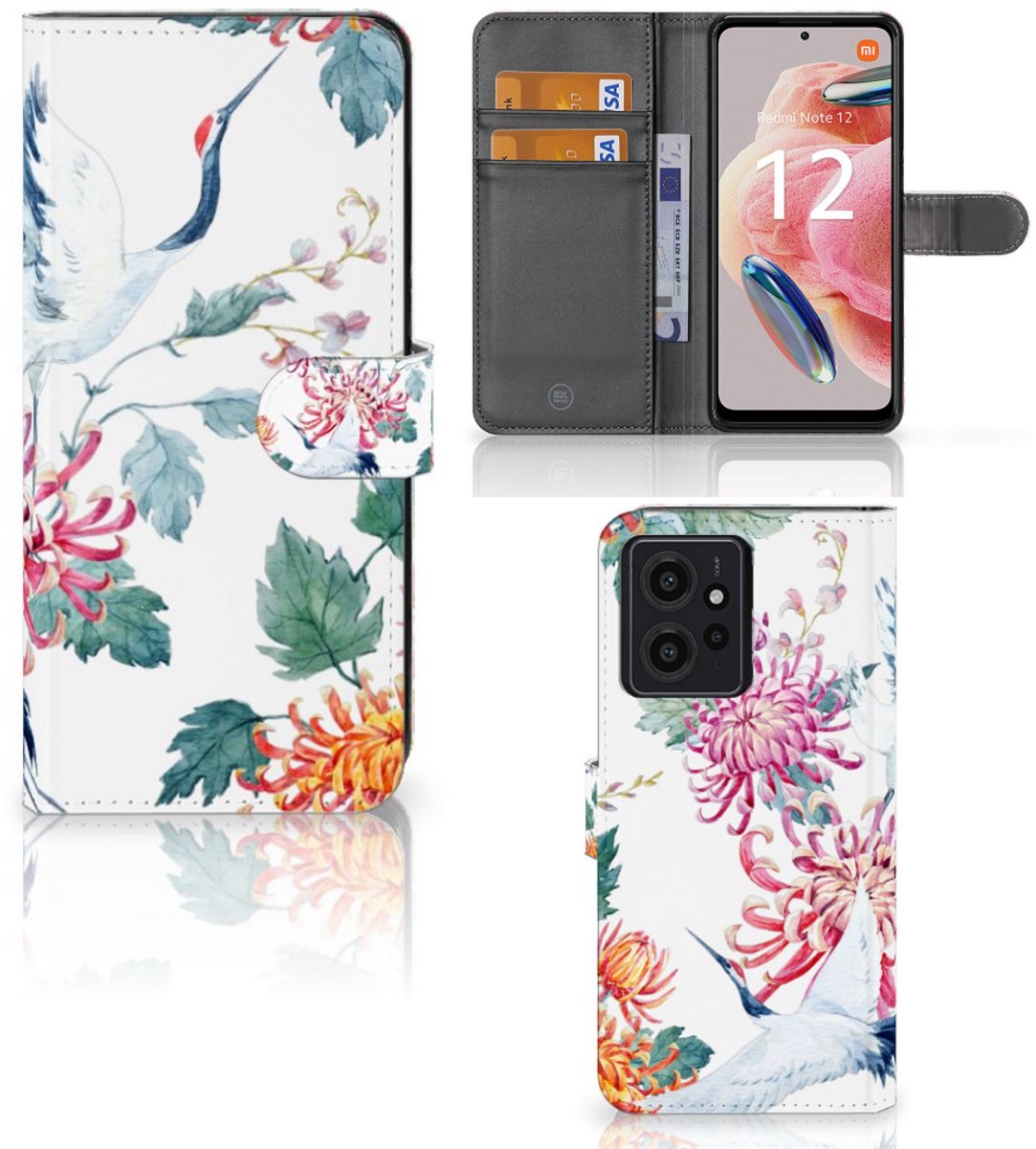 Xiaomi Redmi Note 12 4G Telefoonhoesje met Pasjes Bird Flowers