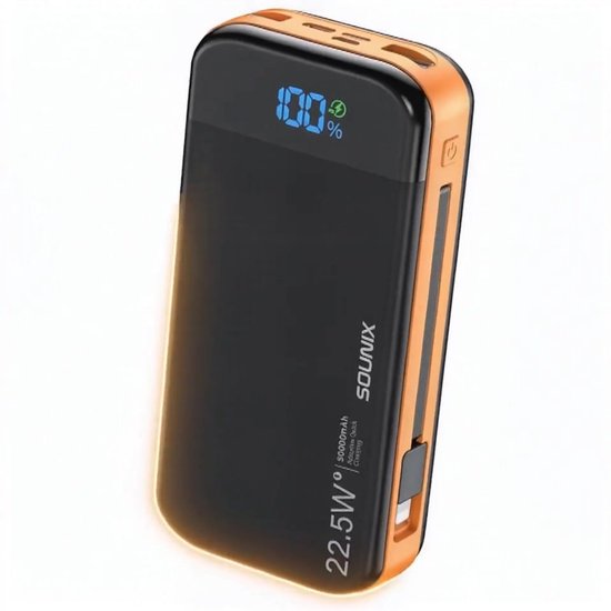 Sounix Powerbank 30 000 mAh avec câbles - Lightning, USB A, USB C & Micro USB - Chargeur rapide 22,5 W et affichage LED de la batterie - Convient pour iPhone & Samsung - Zwart/ Oranje