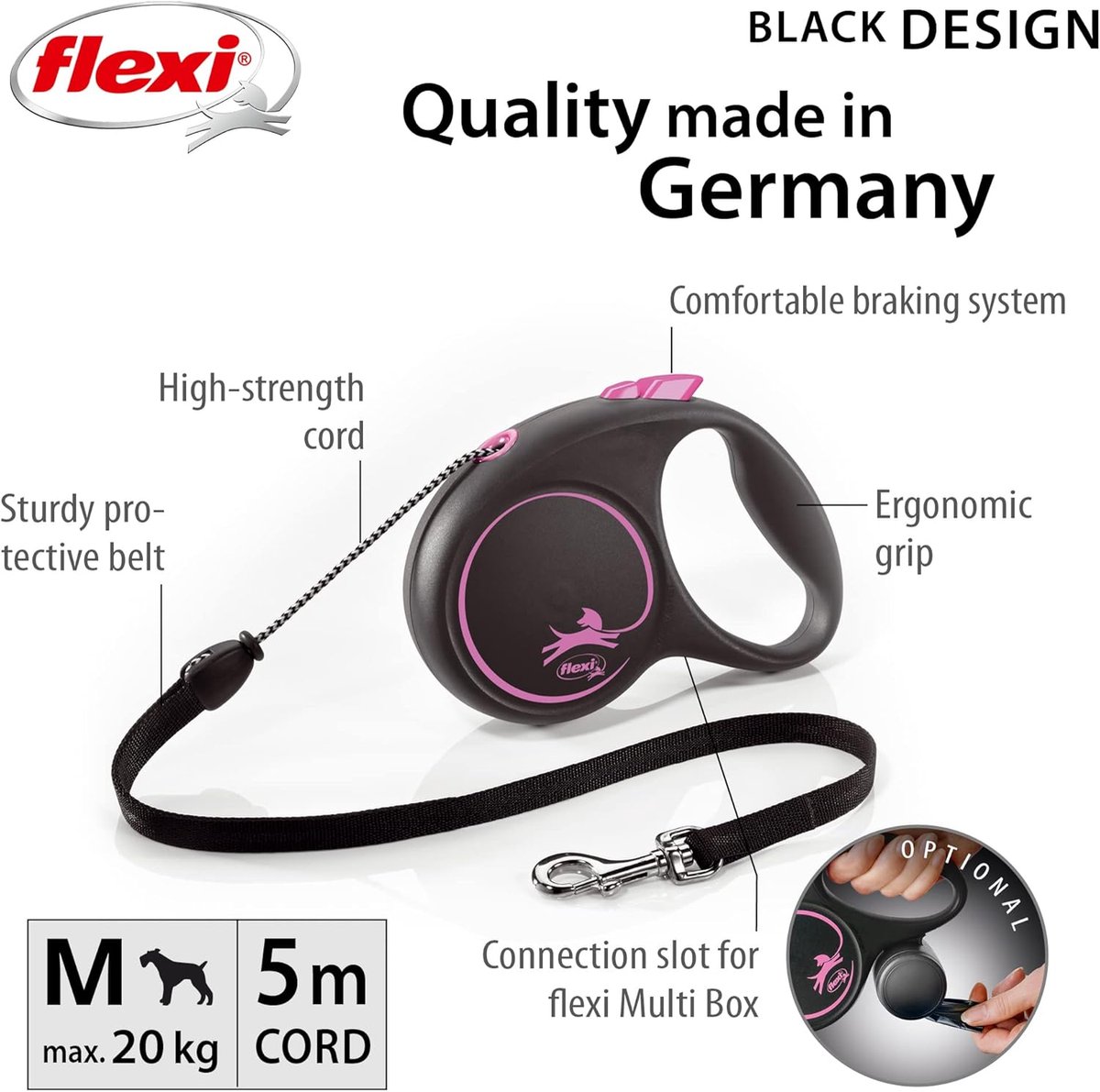 Flexi Black Design Cord Pink Medium 5m Retractable Dog Leash/Lead for dogs up to 20kgs/44lbs — cadeau in Cadeau-ideeën - foto 3