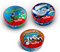 Drie ronde Tiny Tins blikken met spellen: "Regenwormen", "Vlotte Geesten", en "Sushi Bar".