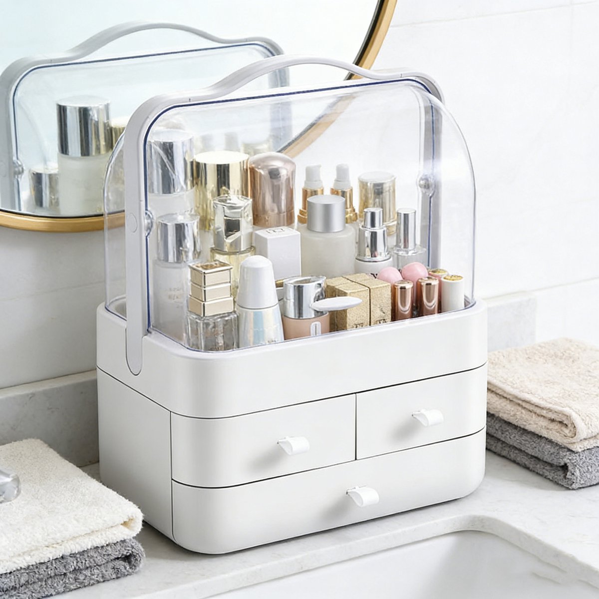 CHIWIN Make-up Organizer met Laden – Cosmetica Organizer met Transparante Stofkap – Schmink Organizer / Make-up Opbergdoos – Beauty Organizer Groot – Wit – 26,5 x 18,2 x 37,4 cm