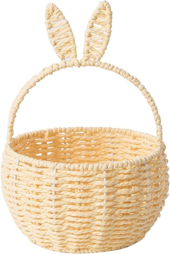 Paasmandje met konijntje, paasmandjes voor kinderen, eierjachtmandjes van riet met handvat en konijnenoortjes, geweven mandje voor bloemenmeisje (leeg, voor bloemen, koekjes, snoep, feestdecoraties). - gebroken wit