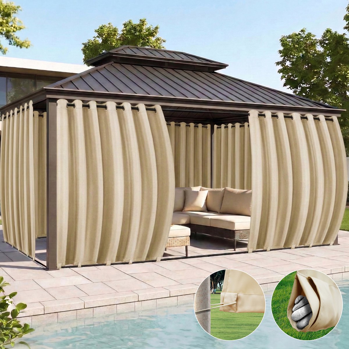 Qelus Extra Breed Buitengordijn Winddicht & Waterdicht - Outdoor Gordijn met Oogjes (Boven) en Anti-wind Lussen (Onder) - Weerbestendig voor Pergola - 180x274cm - Beige - 1 Stuk