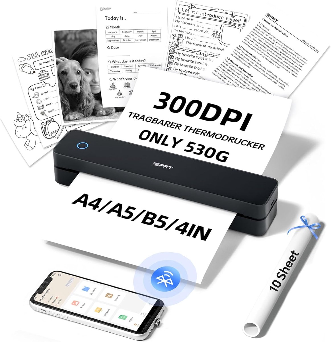 iDPRT MT610pro Draagbare Thermische Printer, 300 DPI - Mobiele Bluetooth voor Onderweg, A4 Geschikt voor Voertuigen, Kantoor, Thuis, School - Compatibel met iOS, Android en Tablet