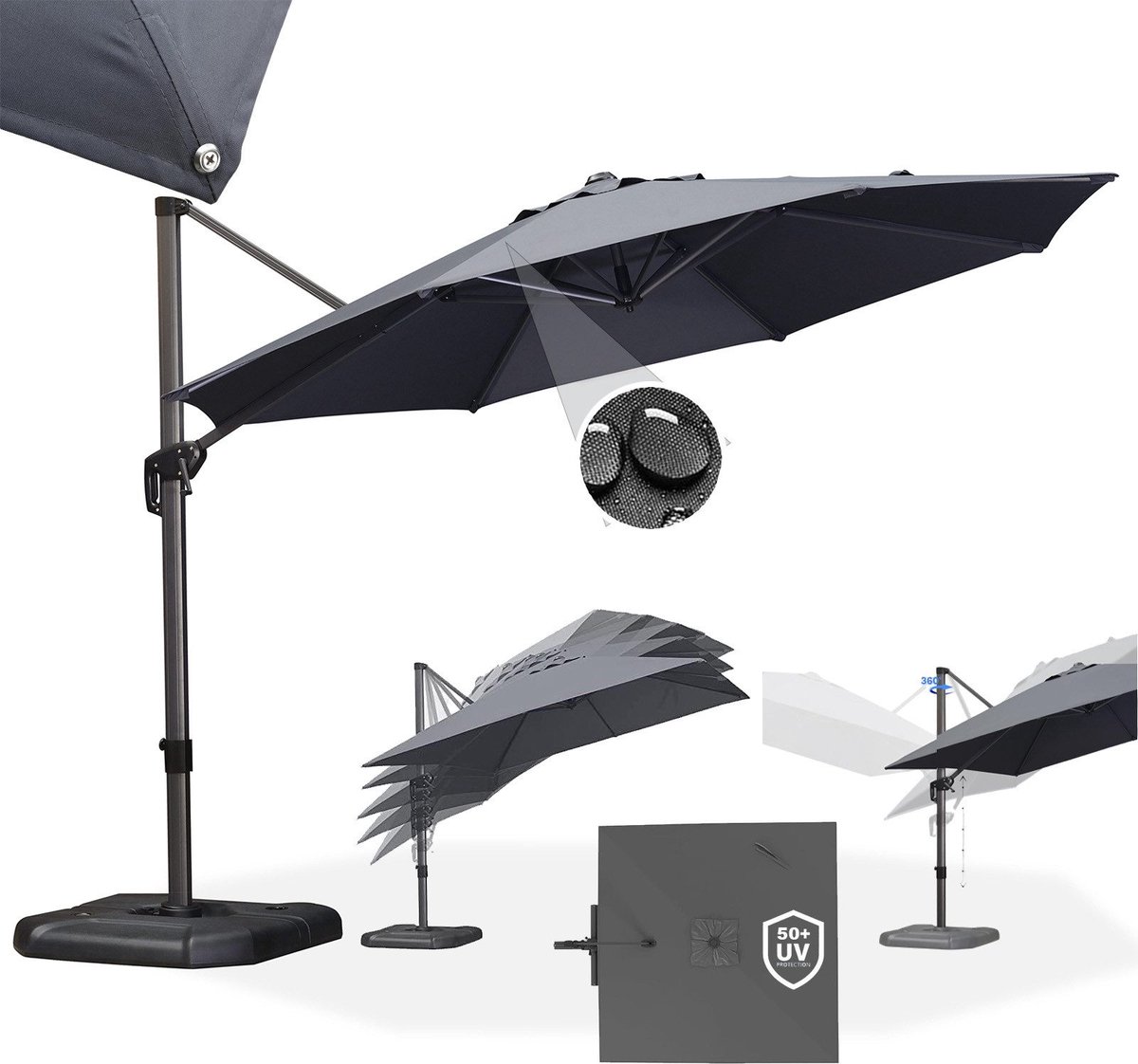 PURPLE LEAF Ronde Parasol – Hangend zonnescherm – 360° draaibaar – Voor balkons – Voor terrassen – UV50+