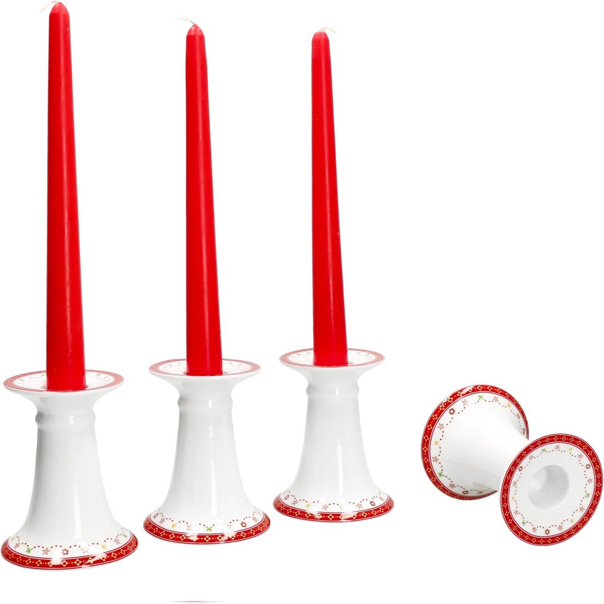 Set van 4 Porseleinen Kandelaars Kerst & Advent | Ronde Tafelkaars Houders met Feestelijke Decoratie | Hoogte 10.7 cm