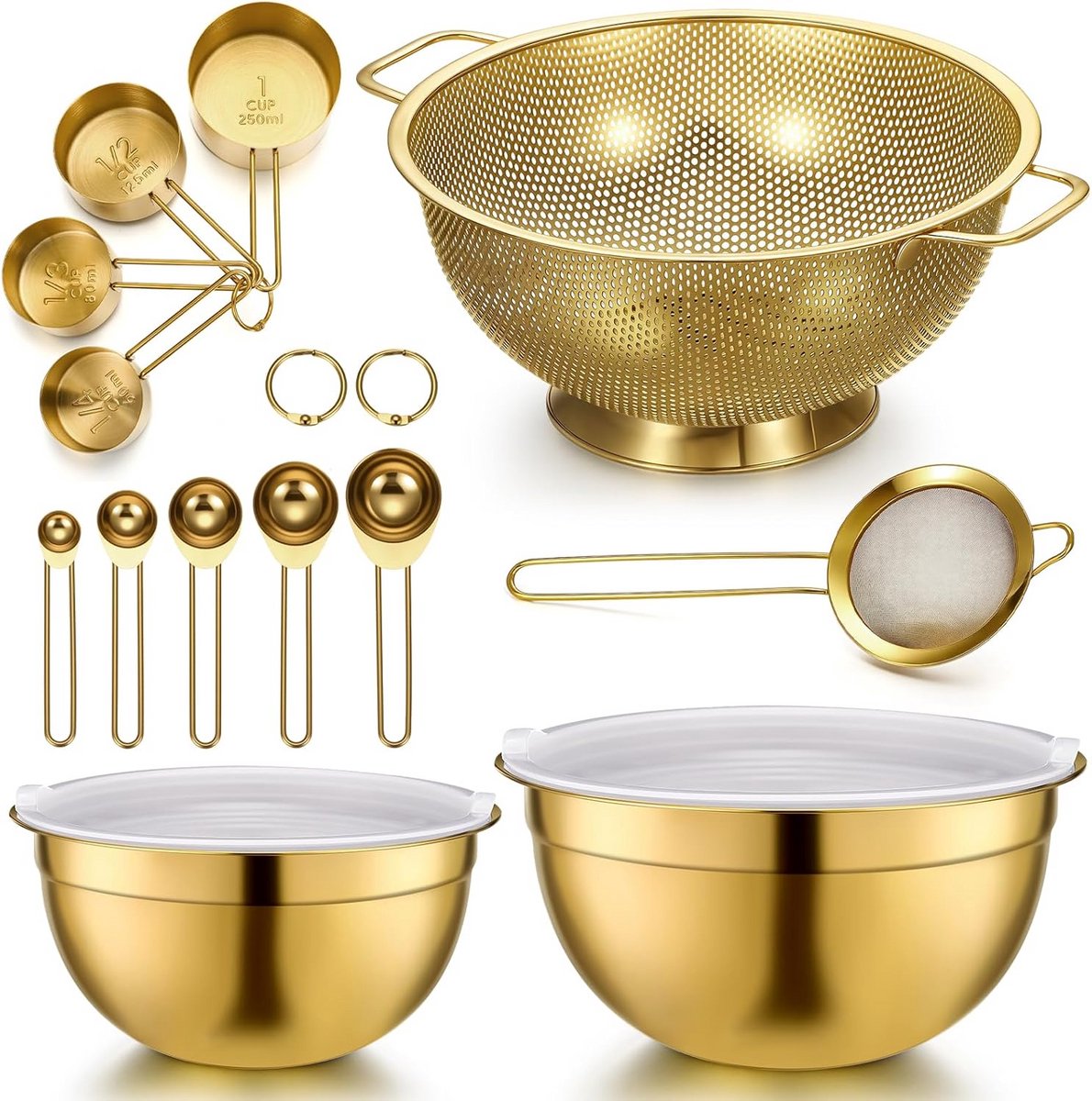 Gouden RVS Keukenaccessoires Set met Mengkommen, Vergiet, Maatlepels en Zeef
