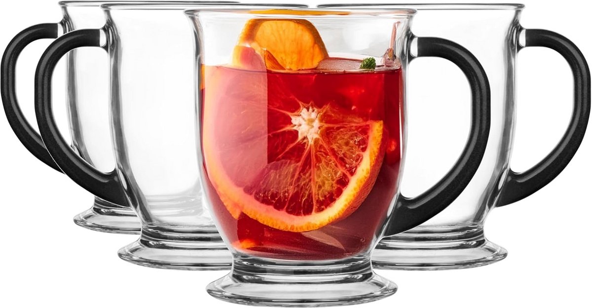 Set van 4 Glazen Mokken 400 ml voor Cappuccino en Iced Coffee met Zwart Handvat