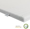 Gros plan d'un surmatelas ADA SLEEP en mousse froide blanc avec les labels OEKO-TEX et CertiPUR-US.