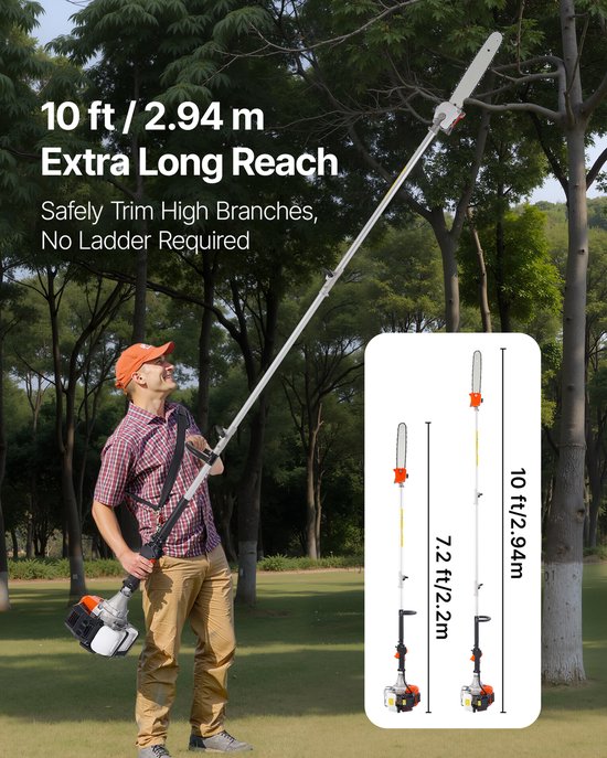 Gasgestookte stokzaag, 52 cc tweetaktmotor met 14 inch zaagblad, draadloze boomtrimmer met brandstoftank van 30 fl.oz, verstelbare lengte van 7,2 tot 10 ft, efficiënte kettingzaag voor snoeien en trimmen van Craftsman — afbeelding 5