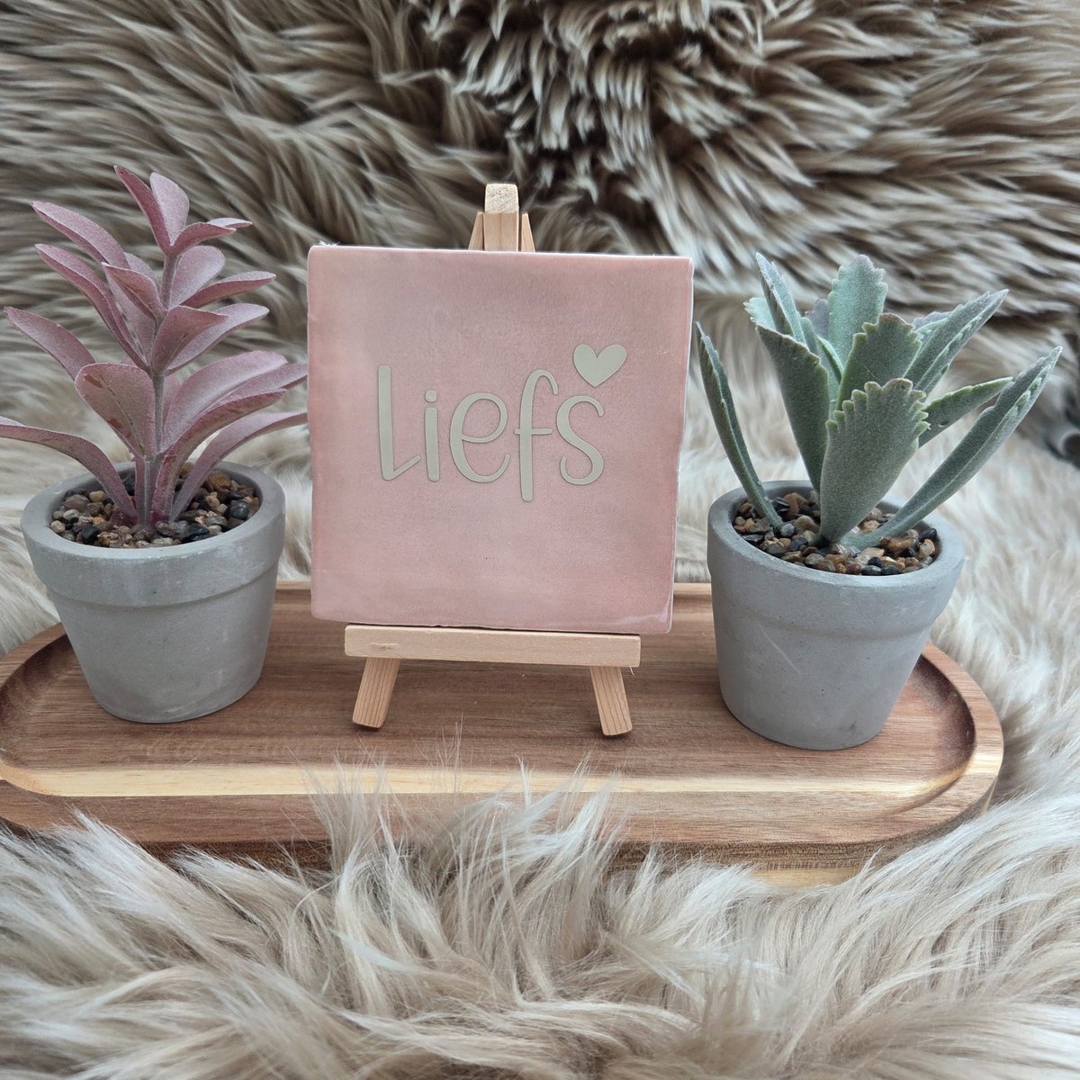 CreaCraft Robuust Wenstegeltje – Liefs – Hip trendy tegeltje – Cadeau voor Nieuwe Woning, Housewarming of Gezinscadeau – Sfeervol en Persoonlijk - Vriend(in) – Trendy nu – Decoratief Tegeltje met Standaard – Cadeau Idee Zalmroze/Beige