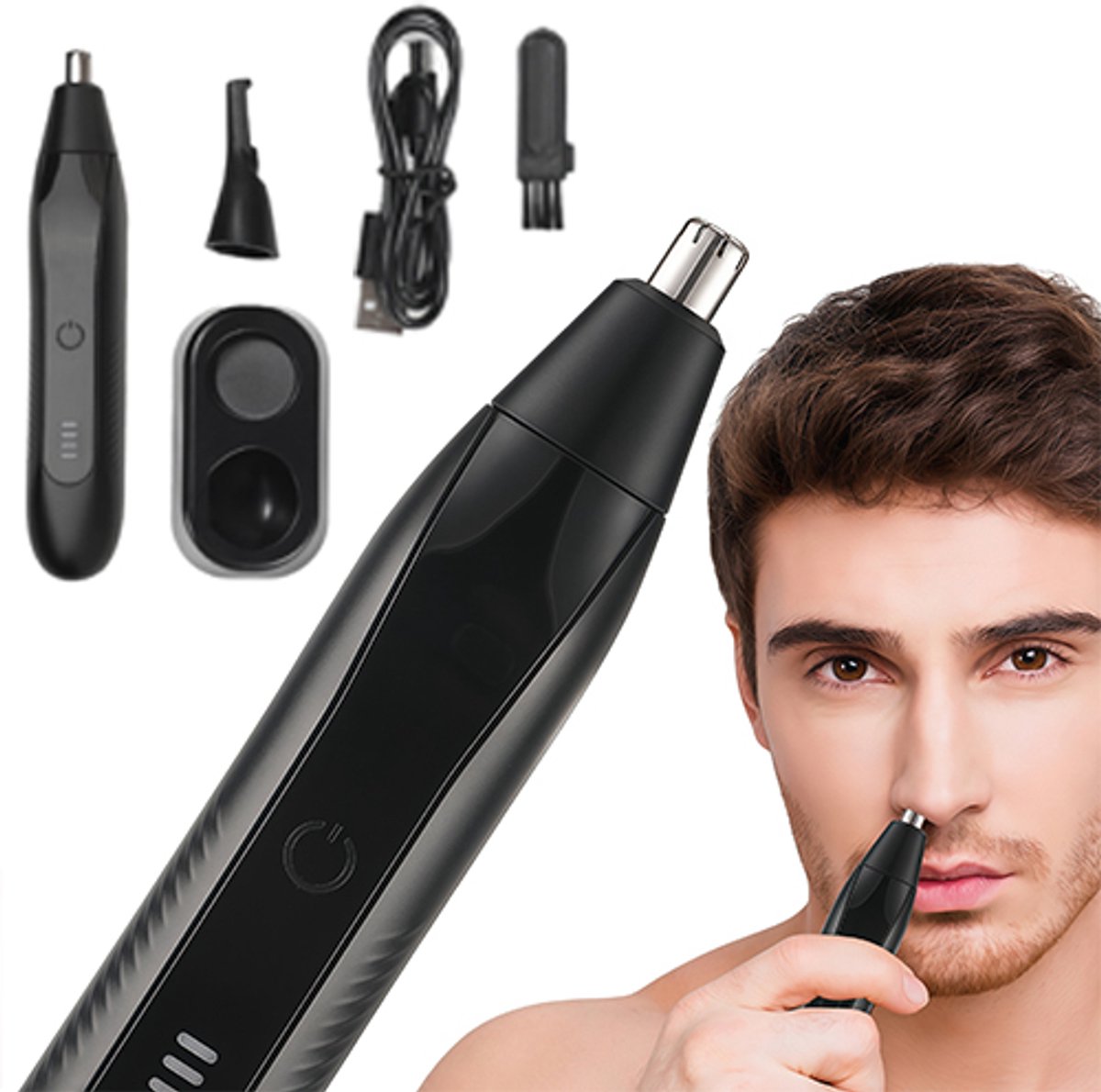 Neustrimmer - Neustrimmer mannen - Neustrimmer vrouwen - Neushaartrimmer - Neushaartrimmers - Oorhaartrimmer - Oplaadbare trimmer - 2-in-1 set - Dubbele snijbladen - Professionele trimmer - Wenkbrauwtrimmer - Gezichtshaartrimmer - Pijnloos - Zwart