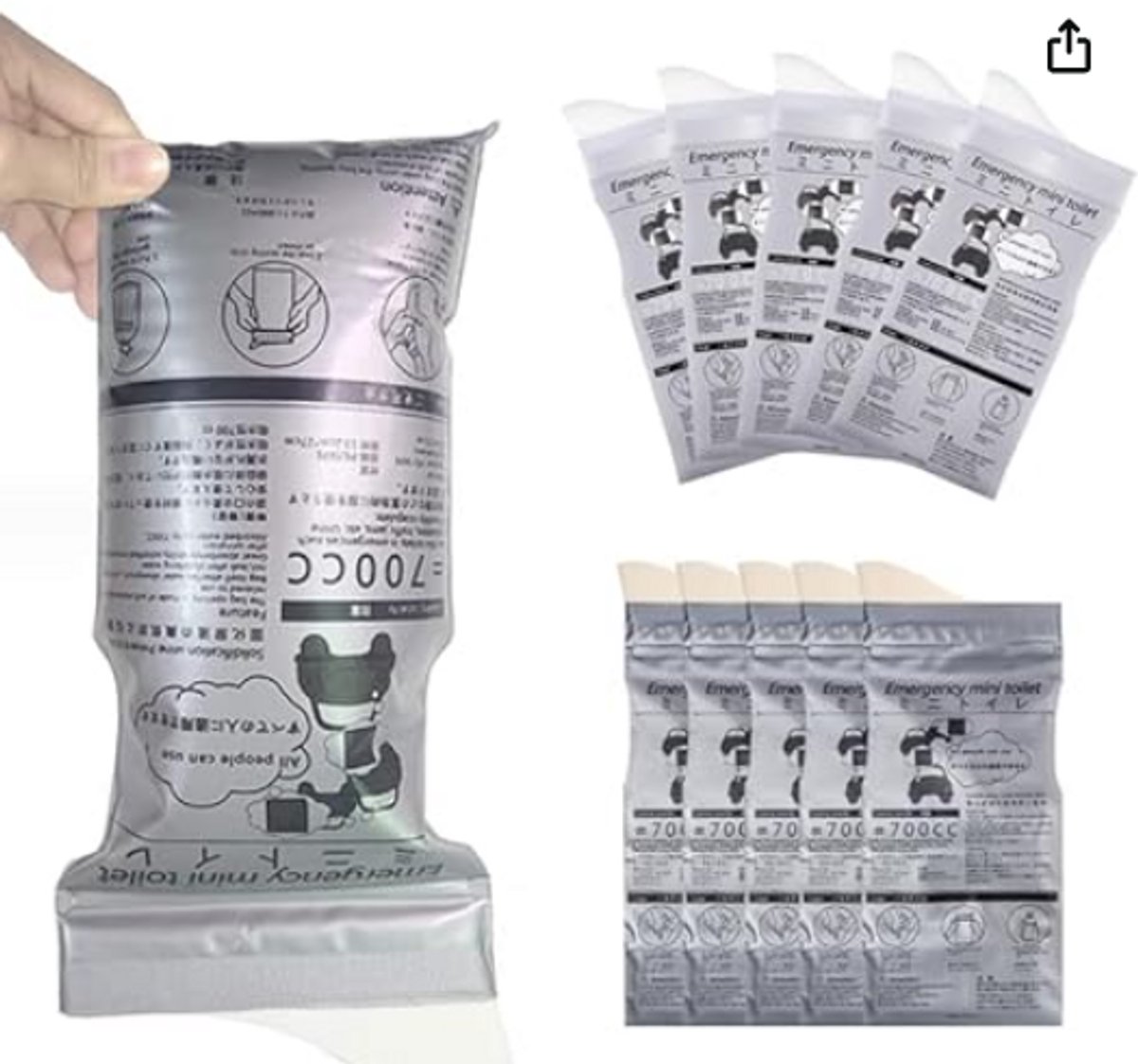 Wegwerp-Urinezakjes - 700 ml Reiszakje voor Urine/Braaksel - Voor Op Reis, Files, Noodgevallen, Draagbaar Kamperen - 12 Stuks - Draagbare Noodgevallen - Unisex - Zilver