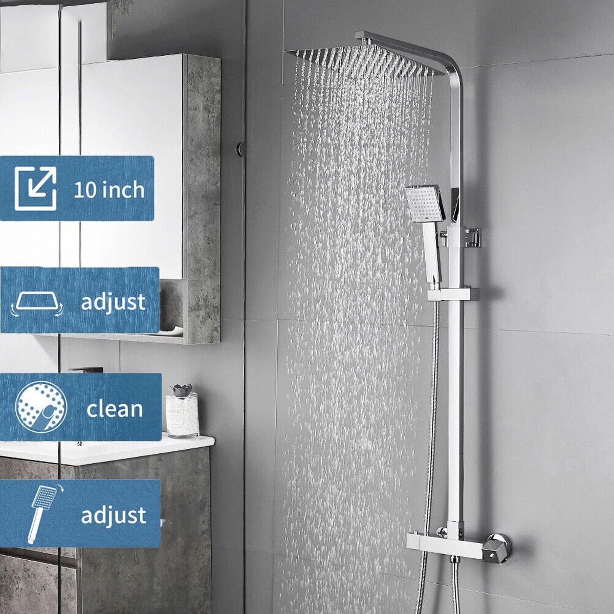 Auralum max Doucheset - Regendouche met thermostaatkraan - Regendouche en Handdouche - Regendoucheset - Met douchethermostaat - Verstelbare Hoogte 75-127 cm - Chroom